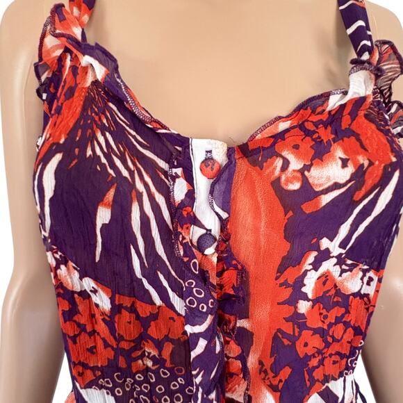 Y2K EURO Ruffle Crinkle Sheer Cami Top Abstract Boho Resort Coastal Indie - Picture 4 of 9